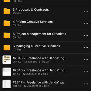 May include: A screenshot of a mobile app interface, featuring a "Freelance Course" with several modules, including "Preparing for Full-time Freelance" and "Selling Creative Services." Below are file names and dates, such as "#2345 - 'Freelance with Janda'.jpg."