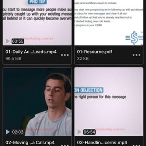 May include: Screenshot of a mobile device screen displaying a folder titled "04-Converting Your List." The screen shows several video and PDF files related to marketing, including "01-Daily Ac...Leads.mp4" and "01-Resource.pdf."