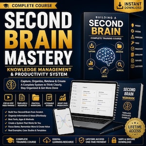 Può includere: Un corso di formazione digitale intitolato Second Brain Mastery che include una scatola nera, un portatile con software di gestione, un quaderno a spirale e uno smartphone con una mappa mentale, tutto con testo dorato e bianco su sfondo scuro.