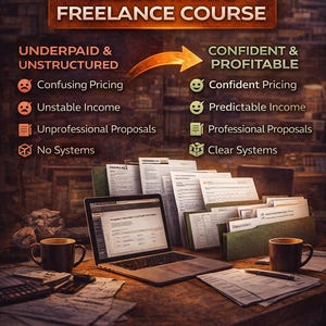 May include: Image promoting "The Ultimate Freelance Course." The image contrasts "Underpaid & Unstructured" with "Confident & Profitable." A laptop, documents, and coffee cups are on a wooden desk. Text includes "Confusing Pricing" and "Confident Pricing."