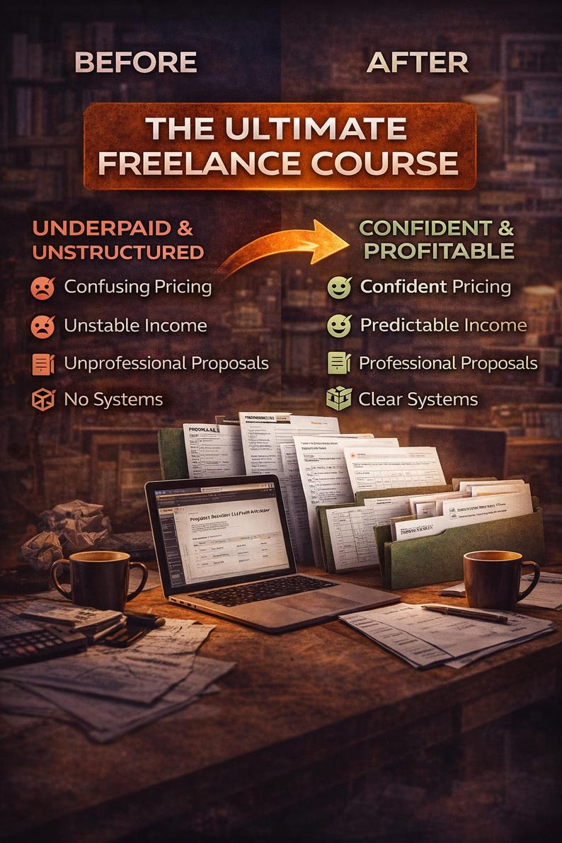 May include: Image promoting "The Ultimate Freelance Course." The image contrasts "Underpaid & Unstructured" with "Confident & Profitable." A laptop, documents, and coffee cups are on a wooden desk. Text includes "Confusing Pricing" and "Confident Pricing."