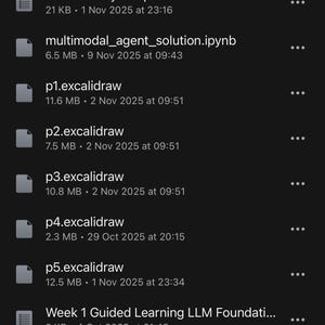 May include: A digital file directory interface titled Code & Materials, displaying a list of documents and files including Chat History Deep Dive.txt, multimodal_agent_solution.ipynb, and several excalidraw files with associated file sizes and dates.