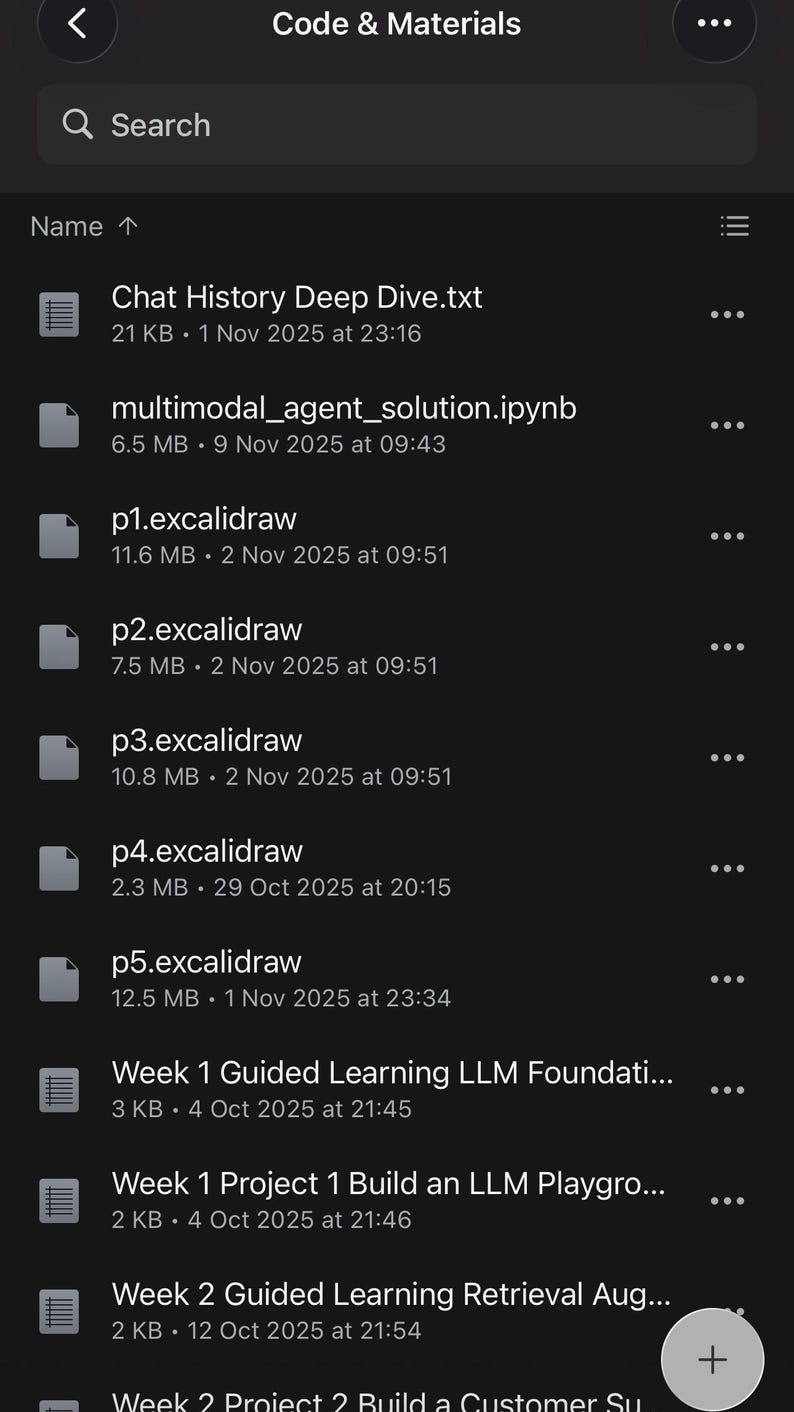 May include: A digital file directory interface titled Code & Materials, displaying a list of documents and files including Chat History Deep Dive.txt, multimodal_agent_solution.ipynb, and several excalidraw files with associated file sizes and dates.