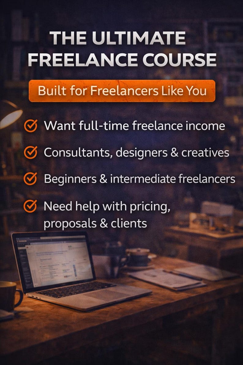 May include: Image promoting a freelance course. Text reads "THE ULTIMATE FREELANCE COURSE" and "Built for Freelancers Like You." Bullet points highlight benefits: full-time income, support for consultants, designers, creatives, beginners, and help with pricing and proposals. A laptop sits on a wooden desk.