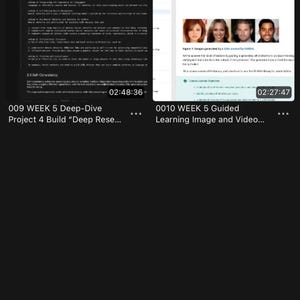 May include: A digital interface displaying a file directory titled Week 5 with two video thumbnails. The left thumbnail shows text and the title 009 WEEK 5 Deep-Dive Project 4 Build Deep Rese. The right thumbnail shows four portraits and the title 0010 WEEK 5 Guided Learning Image and Video.