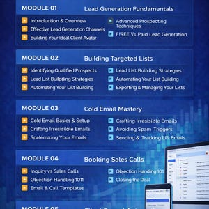 May include: A digital graphic displaying the "COURSE CONTENT" for a lead generation course. The content is organized into modules with topics such as lead generation, building targeted lists, cold email mastery, booking sales calls, and client funnel automation.