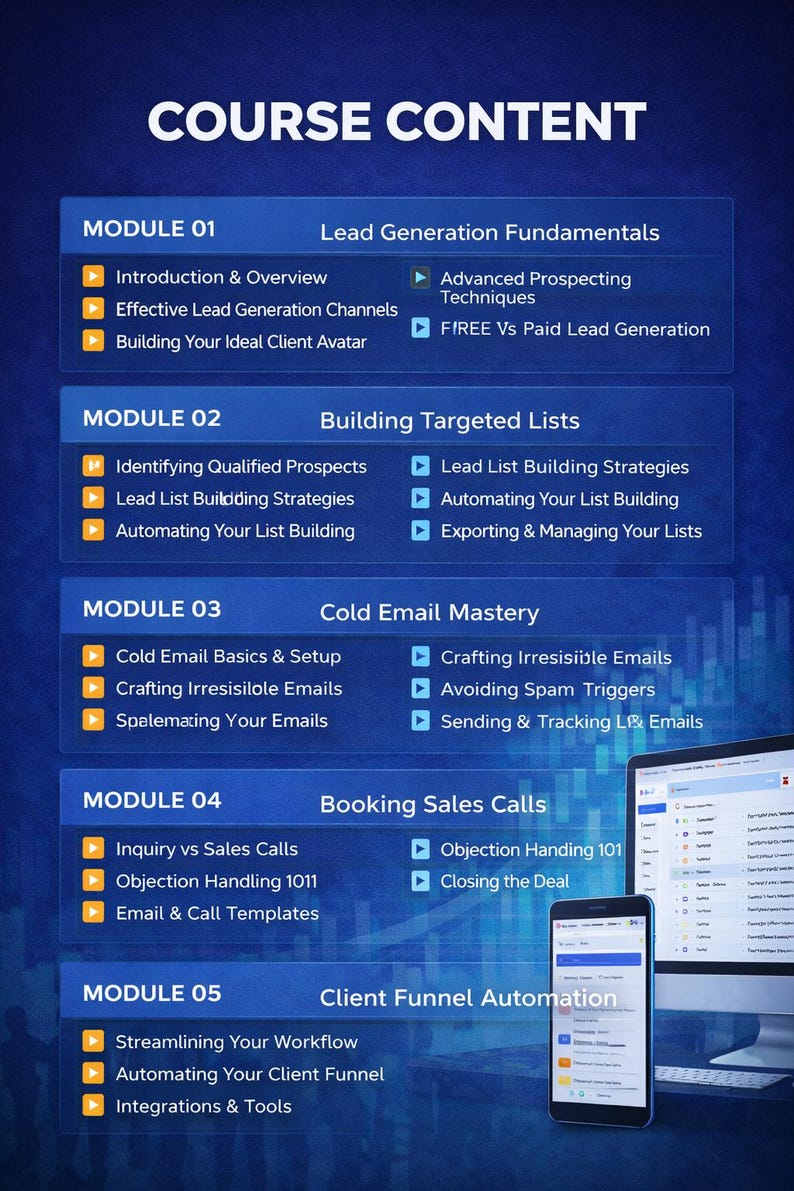 May include: A digital graphic displaying the "COURSE CONTENT" for a lead generation course. The content is organized into modules with topics such as lead generation, building targeted lists, cold email mastery, booking sales calls, and client funnel automation.