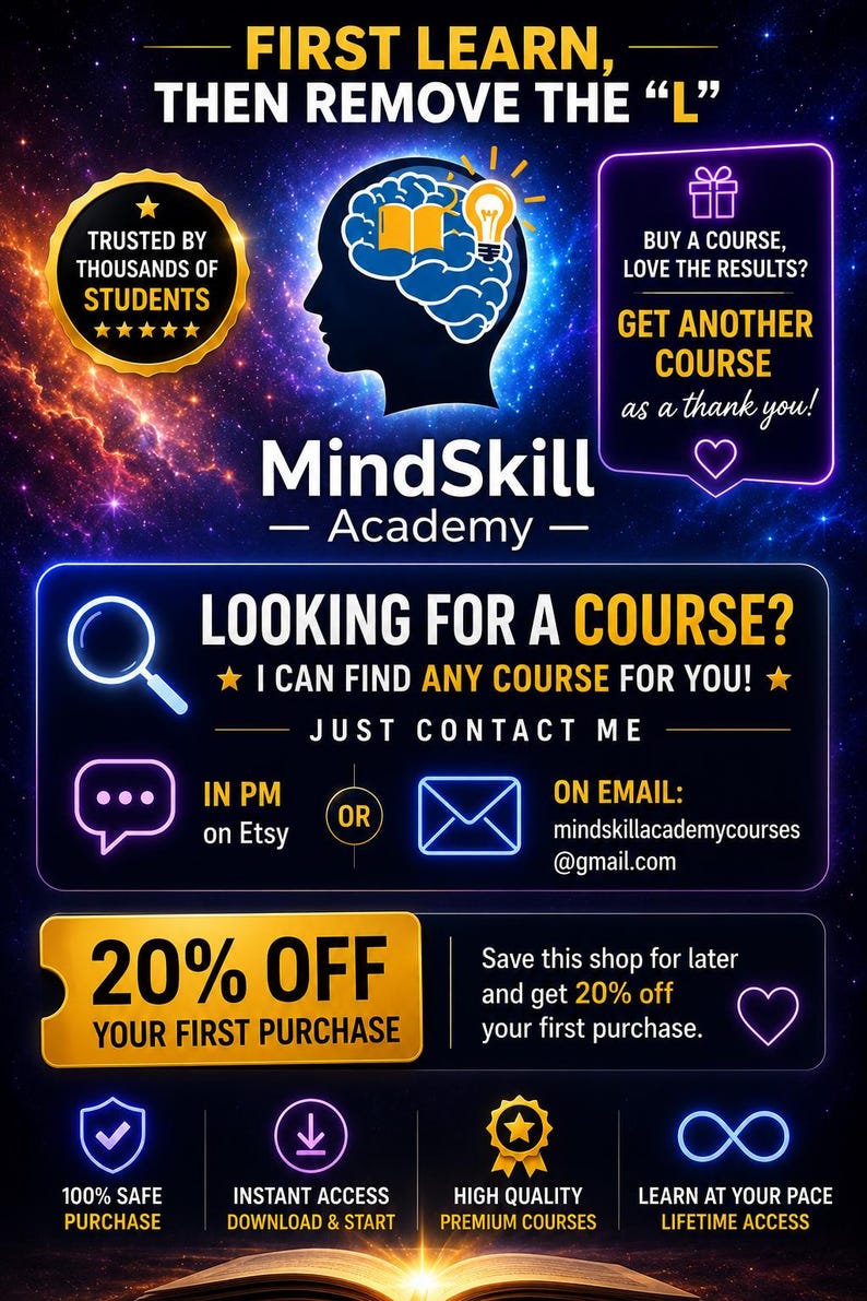 May include: A digital advertisement for MindSkill Academy featuring a dark blue space background with neon text and icons. It includes a brain silhouette, a gold badge, and text offering 20% off, course information, and contact details via Etsy PM or email.