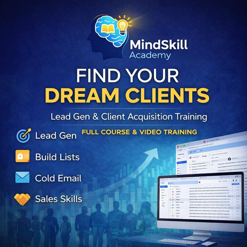 May include: A promotional graphic for MindSkill Academy, featuring the text "FIND YOUR DREAM CLIENTS." The image includes icons for Lead Gen, Build Lists, Cold Email, and Sales Skills. A computer screen displays a spreadsheet, with a blue and white color scheme.