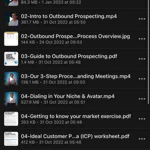 May include: A mobile device screen displaying a list of video and PDF files related to lead generation. The files are organized by number and title, with details like file size and date. The top of the screen shows the folder title.