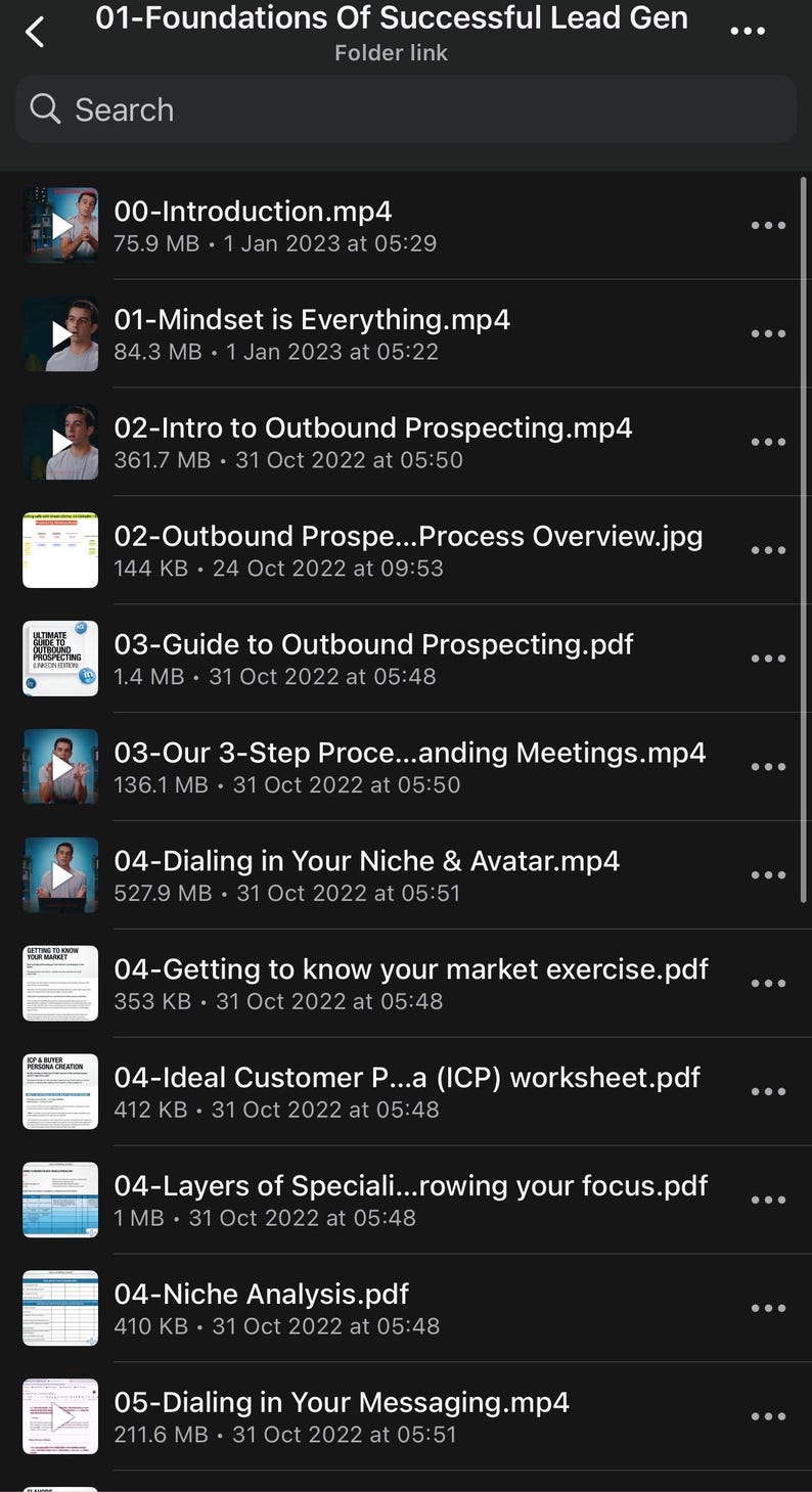 May include: A mobile device screen displaying a list of video and PDF files related to lead generation. The files are organized by number and title, with details like file size and date. The top of the screen shows the folder title.