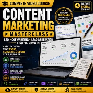 Puede incluir: Un gráfico de curso de marketing digital titulado Content Marketing Masterclass que muestra una computadora portátil con análisis, un calendario de contenido, un bloc de notas con una lista de verificación y texto sobre SEO y crecimiento.
