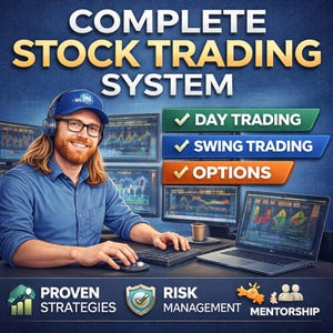 Pode incluir: Um gráfico digital intitulado COMPLETE STOCK TRADING SYSTEM mostrando uma pessoa com boné azul e fones de ouvido, sentada em uma mesa com um laptop e monitores exibindo gráficos. O texto inclui DAY TRADING, SWING TRADING, OPTIONS, PROVEN STRATEGIES, RISK MANAGEMENT e MENTORSHIP.