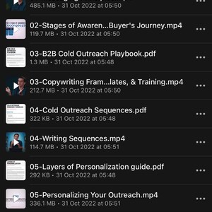 May include: A mobile phone screen displays a list of files related to marketing and outreach. The files include PDFs and MP4s, with titles like "Messaging Checklist," "Copywriting Templates," and "Good + Bad Emails examples."