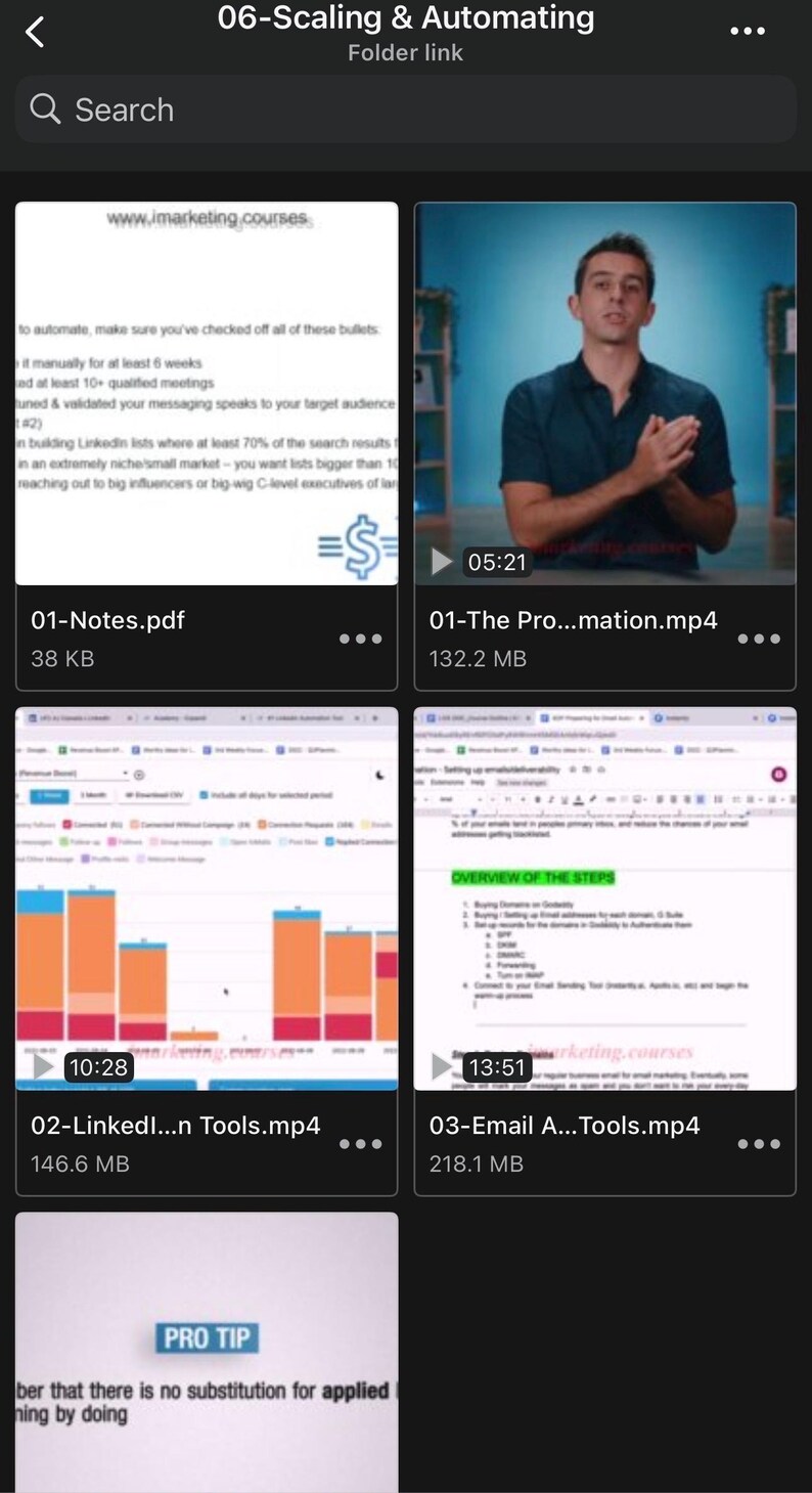 May include: Screenshot of a mobile device screen displaying a folder titled "06-Scaling & Automating." The screen shows several files, including videos and PDFs, related to online marketing and automation strategies. The screen also shows a man in a blue shirt.