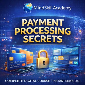 May include: A digital graphic promoting "Payment Processing Secrets" by MindSkill Academy. The image features a lock, credit cards, a computer monitor displaying charts, and the text "Complete Digital Course | Instant Download" on a blue background.
