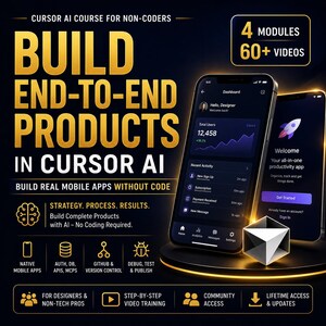 May include: A promotional graphic for a Cursor AI course. The image features the text "Build End-to-End Products in Cursor AI" in gold lettering. Two smartphones display app interfaces. The graphic also includes icons and text promoting the course's features.