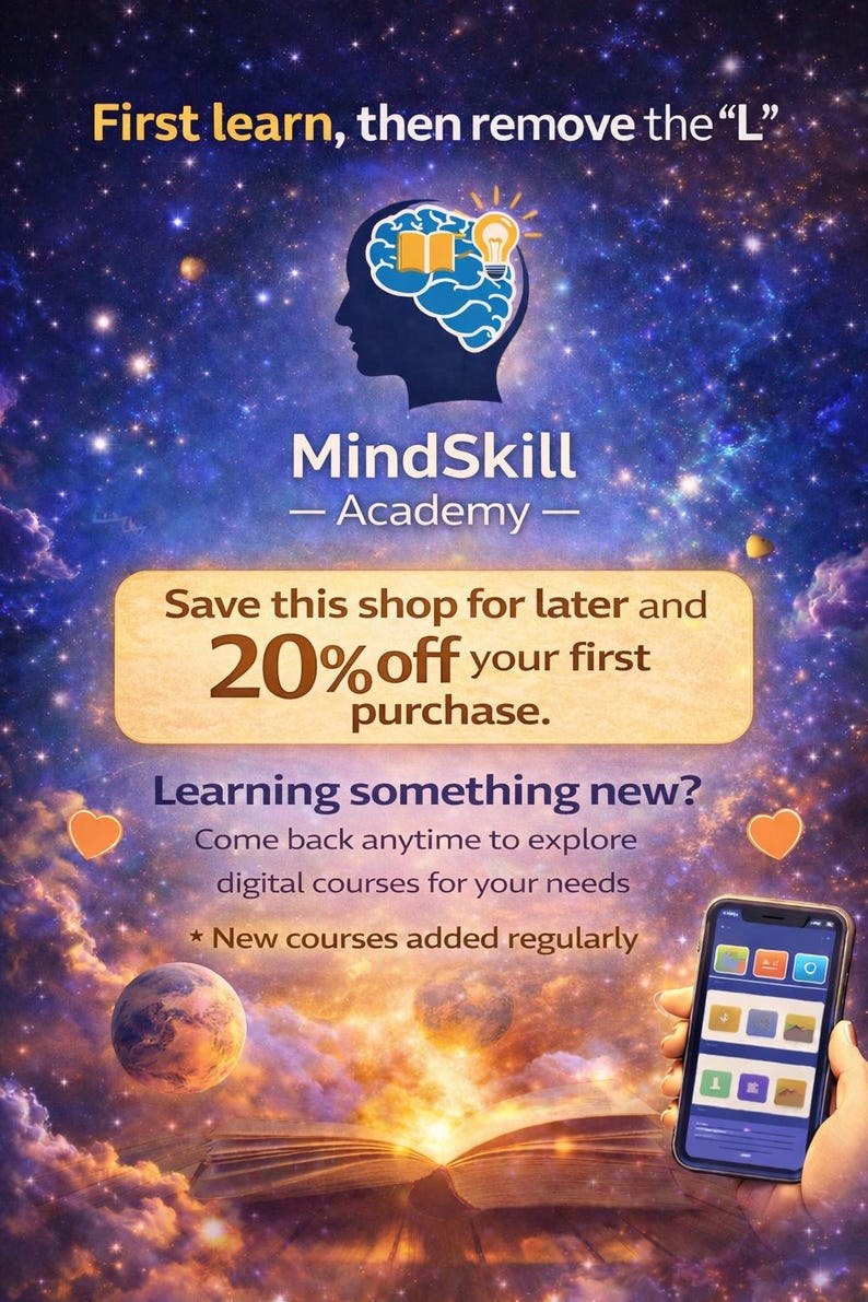 May include: Promotional image for MindSkill Academy, featuring a starry background and a brain graphic with a lightbulb. Text includes "First learn, then remove the 'L'" and "20% off your first purchase."