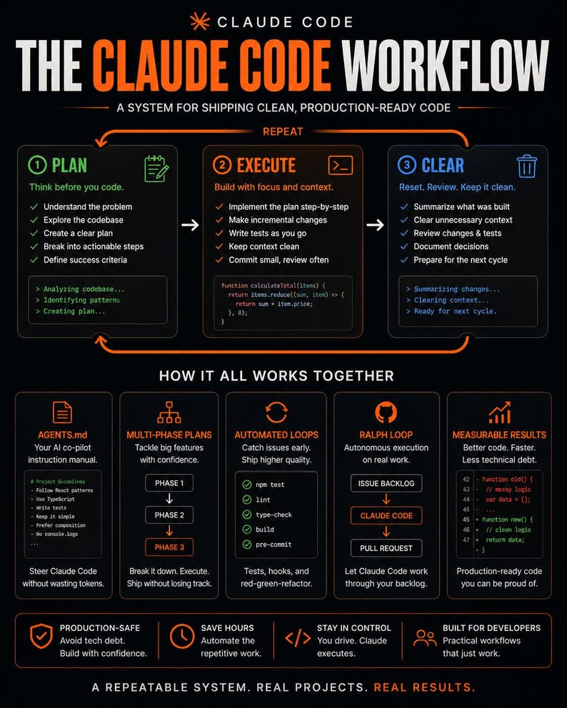 以下が含まれることがあります： 「The Claude Code Workflow」と題されたインフォグラフィックで、本番環境に対応したコードを出荷するためのシステムを詳述しています。Plan、Execute、Clearの3つの主要ステージと、エージェントやループを含む全体的な仕組みが図解されています。