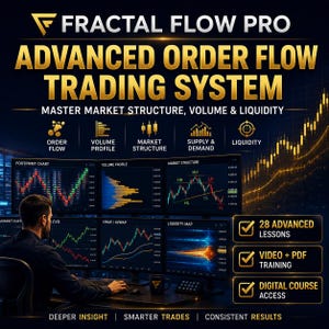 Peut inclure: Un cours de trading numérique intitulé Fractal Flow Pro présentant l'analyse avancée du flux d'ordres, du profil de volume, de la structure du marché et de la liquidité. L'image montre six écrans avec des graphiques financiers et 28 leçons.