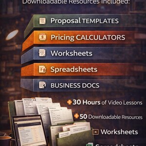 May include: Image showcasing business tools and templates. Includes "Proposal TEMPLATES", "Pricing CALCULATORS", "Worksheets", "Spreadsheets", and "BUSINESS DOCS". Also features "30 Hours of Video Lessons" and "50 Downloadable Resources". A laptop and documents are visible.