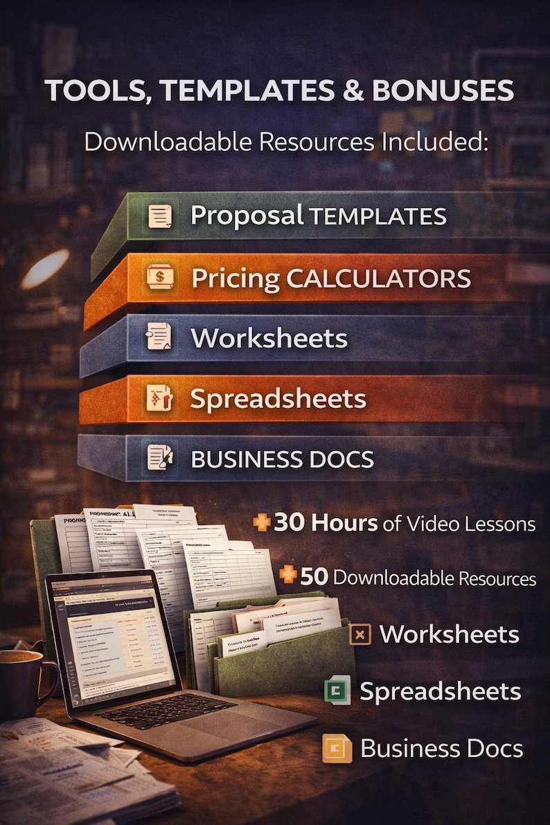 May include: Image showcasing business tools and templates. Includes "Proposal TEMPLATES", "Pricing CALCULATORS", "Worksheets", "Spreadsheets", and "BUSINESS DOCS". Also features "30 Hours of Video Lessons" and "50 Downloadable Resources". A laptop and documents are visible.