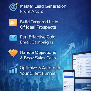 May include: A blue graphic with white text that reads "WHAT YOU'LL LEARN." Below, bullet points detail topics like lead generation, building targeted lists, and optimizing client funnels. A computer and phone are visible.