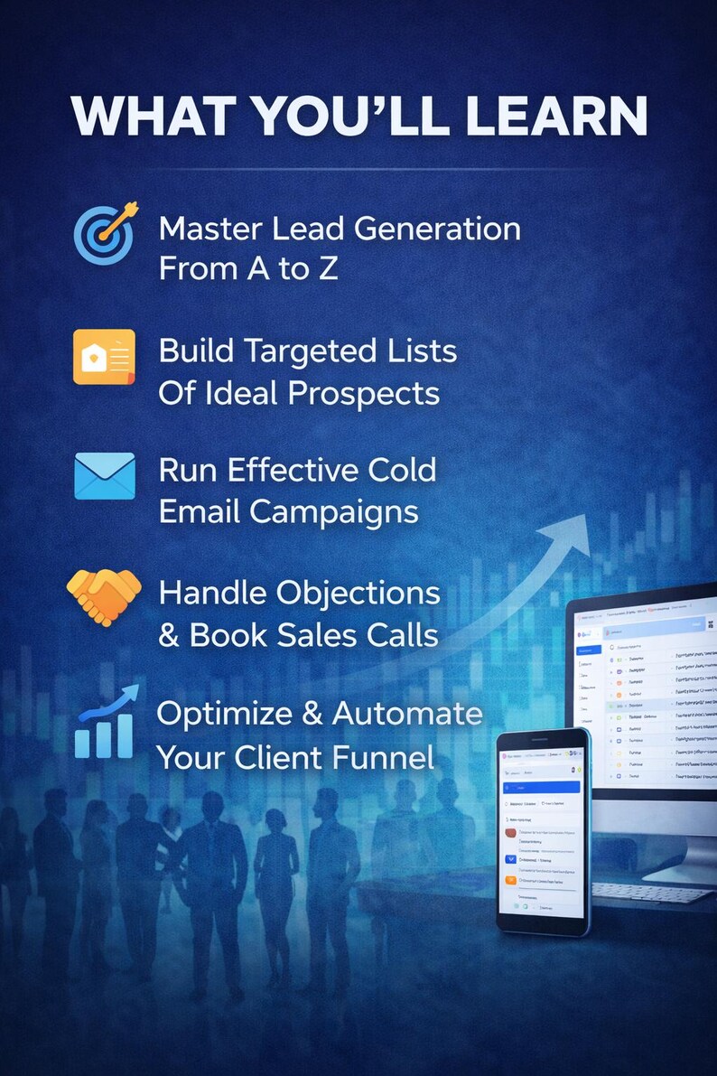 May include: A blue graphic with white text that reads "WHAT YOU'LL LEARN." Below, bullet points detail topics like lead generation, building targeted lists, and optimizing client funnels. A computer and phone are visible.
