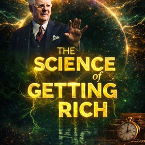 May include: A promotional image with a man in a suit, the title "THE SCIENCE of GETTING RICH" in gold lettering, and the tagline "Unlock Prosperity and Abundance." The background features a cosmic design with a clock and books.