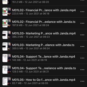 May include: A mobile phone screen displays a list of video files related to freelancing. The files are labeled with titles like "Mindset," "Financial," and "Marketing," along with file sizes and dates.