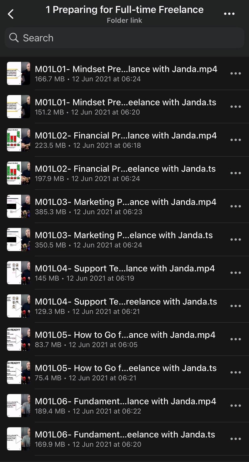 May include: A mobile phone screen displays a list of video files related to freelancing. The files are labeled with titles like "Mindset," "Financial," and "Marketing," along with file sizes and dates.