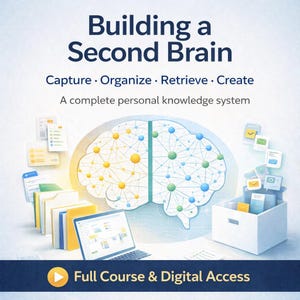 May include: An advertisement for a course titled "Building a Second Brain." The image features a stylized brain graphic with interconnected nodes, a laptop, file folders, and a box with digital documents. The text includes "Capture, Organize, Retrieve, Create" and "Full Course & Digital Access."