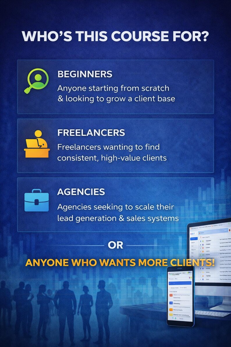 May include: A blue graphic with white text that reads "WHO'S THIS COURSE FOR?" followed by three categories: Beginners, Freelancers, and Agencies. The text "ANYONE WHO WANTS MORE CLIENTS!" is also displayed.