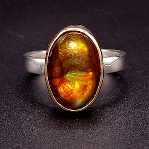 Handmade Fire Agate Ring - 14K Gold Bezel, Sterling Silver Setting (Size 8)