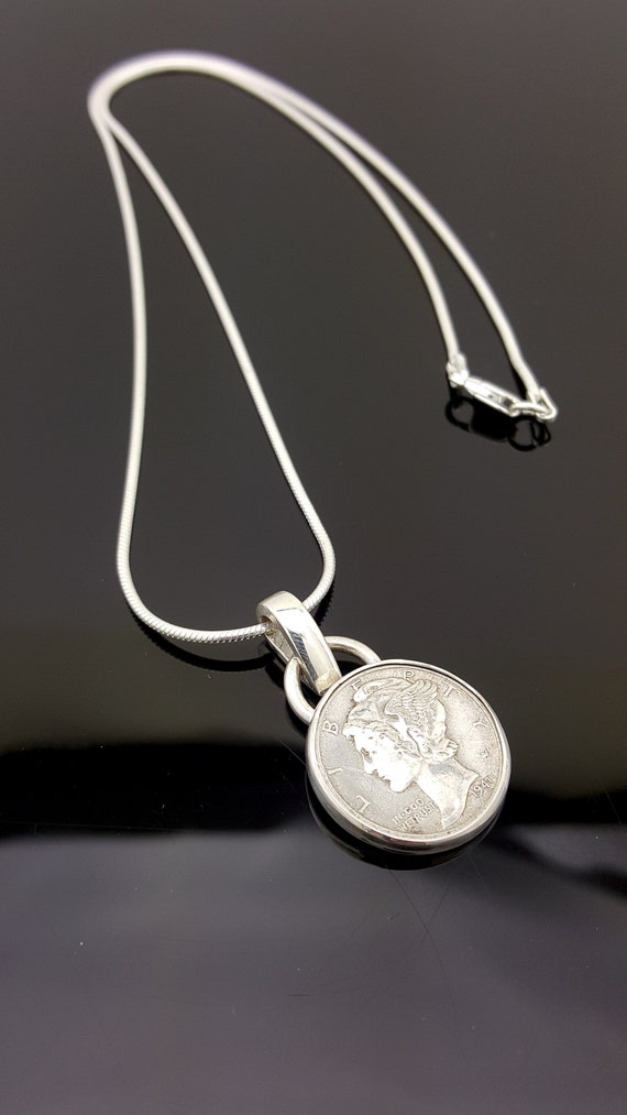 Beautiful Silver Mercury Dime Pendant on a 30" .925 Sterling Silver Snake Chain