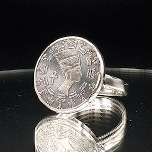 Queen Nefertiti Ring Egyptian jewelry sterling silver coin ring Ankh jewelry with Hieroglyphs Girl power gift