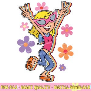 Puede incluir: Ilustración de dibujos animados de una niña saltando con los brazos en alto en señal de paz. Lleva gafas de sol rosas, un top rosa, vaqueros azules y sandalias naranjas. La imagen incluye flores de colores y el texto "PNG FILE - HIGHT QUALITY - DIGITAL DOWNLOAD."