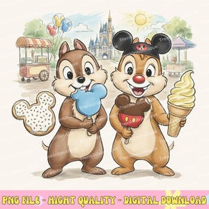 以下が含まれることがあります： チップとデールがそれぞれお菓子を持っている水彩イラスト。チップは青い綿菓子、デールはミッキーマウスのアイスクリームバーとソフトクリームコーンを持っています。ミッキーマウスのクッキーもあります。背景にはお城と屋台があります。
