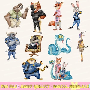 Könnte beinhalten: Digitaler Download von Aquarellillustrationen mit anthropomorphen Tierfiguren. Die Charaktere umfassen ein Faultier, ein Pferd, einen Fuchs, ein Kaninchen, einen Büffel, einen Dachs, eine Schlange, eine Gazelle, einen Leoparden und mehr. Der Text unten lautet "PNG FILE - HIGHT QUALITY - DIGITAL DOWNLOAD".