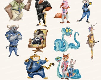 Ensemble de cliparts PNG Zootopie, Zootopie PNG Collection de cliparts sublimation de dessin animé, Zootropolis Zoomania Zootopie2 PNG Clip Arts Pack Bundle