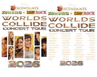 Disney Descendants x Zombies x Camp Rock PNG, Worlds Collide Tour 2026 Graphic, Musical Stars Squad Art