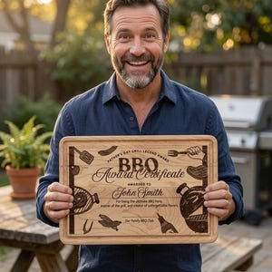 BBQ Award Certificate Fathers Day Wooden Cutting Board | Engraved Grill Plaque