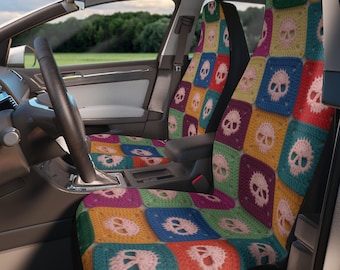 Colorblock Skull Pattern Car Seat Covers | Retro Sugar Skull Squares crochet