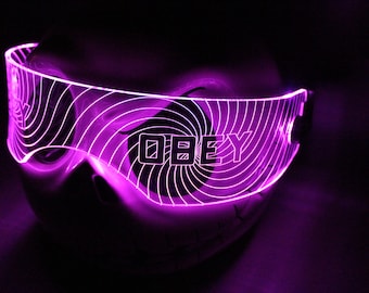 Illuminated Cyberpunk Cyber goth fursuit visor HYPNO OBEY  Clear **choose your LED colour**