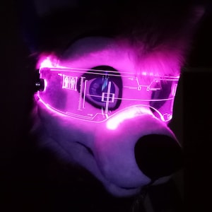 May include: A furry white and gray head with a pink glowing visor. The visor has a futuristic design with a clear plastic frame and a pink light that illuminates the face.