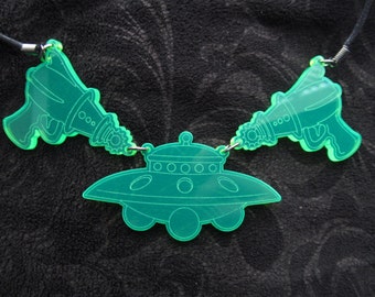 Raygun UFO necklace laser cut/engraved