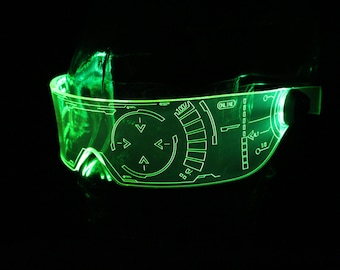 May include: Green glowing futuristic glasses with a digital display that reads "ONLINE".