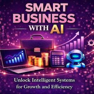 Könnte beinhalten: Digitale Illustration, die intelligentes Wirtschaften mit KI bewirbt. Das Bild zeigt einen Laptop mit Diagramm, eine Aktentasche, Münzstapel, einen Taschenrechner und einen Roboter. Der Text lautet "Smart Business with AI" und "Unlock Intelligent Systems for Growth and Efficiency."