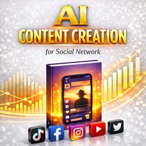 Op de afbeelding: Een afbeelding met de tekst "AI CONTENT CREATION for Social Network" in gouden letters. Een boek met een telefoonscherm met een persoon met een hoed staat in het midden. Social media-pictogrammen voor TikTok, Facebook, Instagram, YouTube en Twitter staan onderaan.