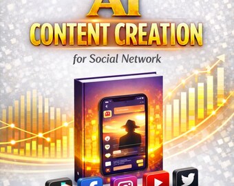 Könnte beinhalten: Grafik mit dem Text "AI CONTENT CREATION for Social Network" in Goldbuchstaben. Ein Buch mit einem Telefonbildschirm, der eine Person mit Hut zeigt, befindet sich in der Mitte. Social-Media-Symbole für TikTok, Facebook, Instagram, YouTube und Twitter unten.